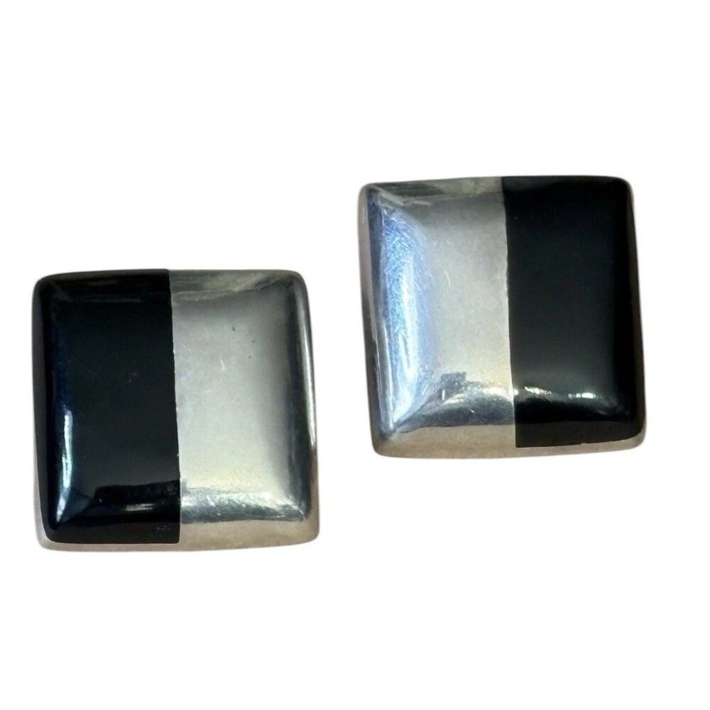 Taxco Mexico Earrings‎ 925 Sterling Silver Vintage Black Onyx Clip On Square